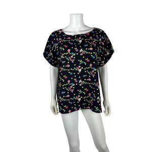 Vintage 80s Dark Floral Blouse Womens 1X Plus Multicolored Boatneck Dolman Sleev